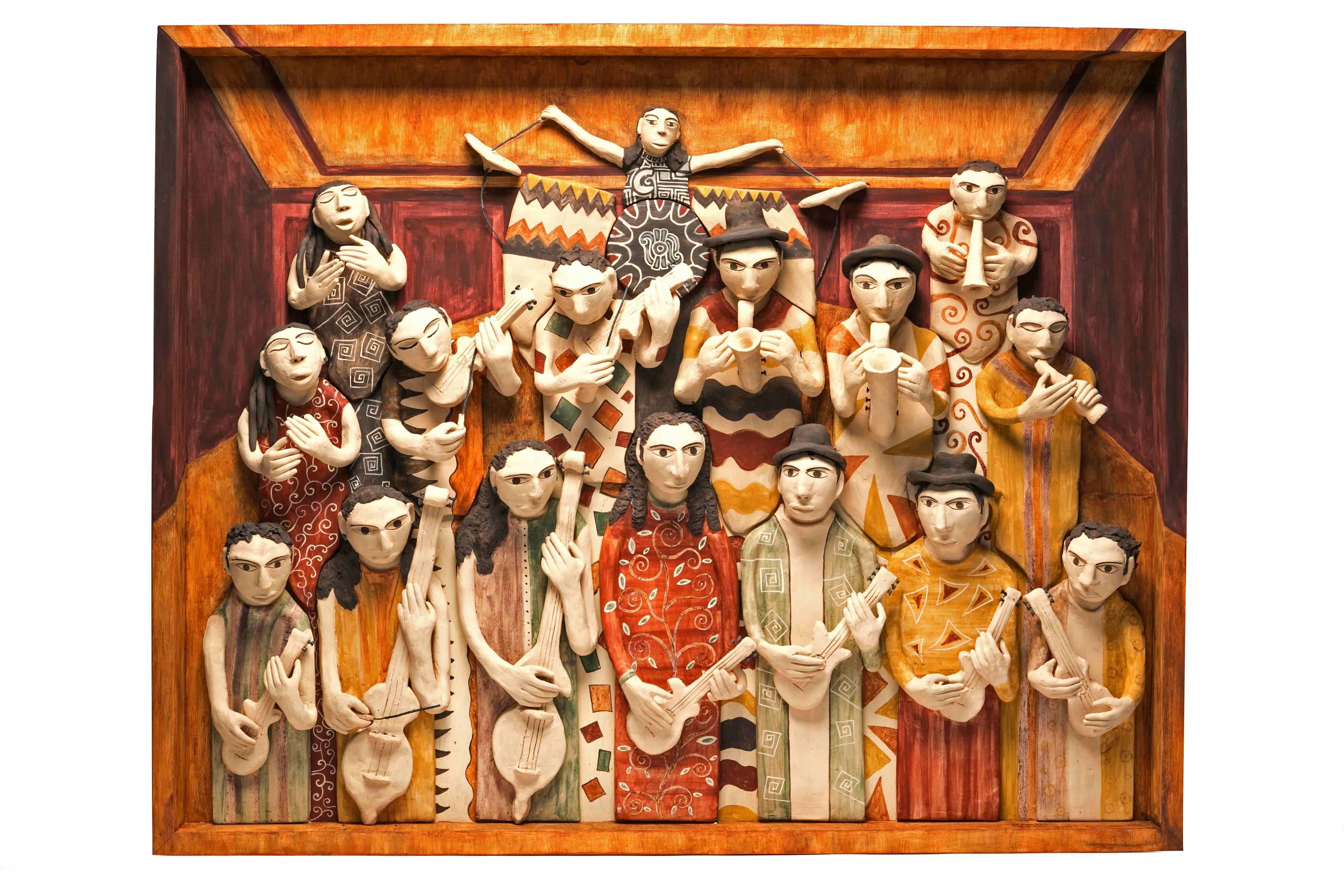 Manuel David Reyes Ramirez Figurative Painting - 39'' La Orquesta / Ceramics Mexican Folk Art Clay Frame