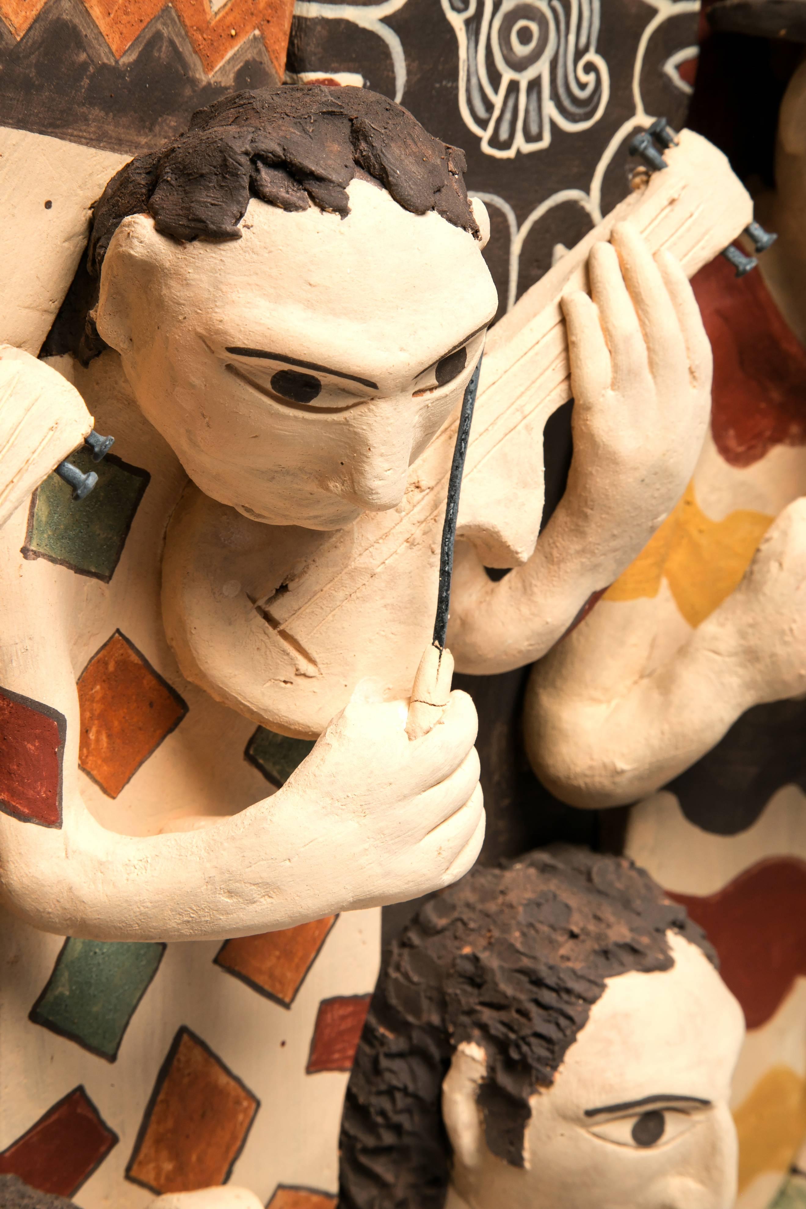 39'' La Orquesta / Ceramics Mexican Folk Art Clay Frame - Brown Figurative Painting by Manuel David Reyes Ramirez