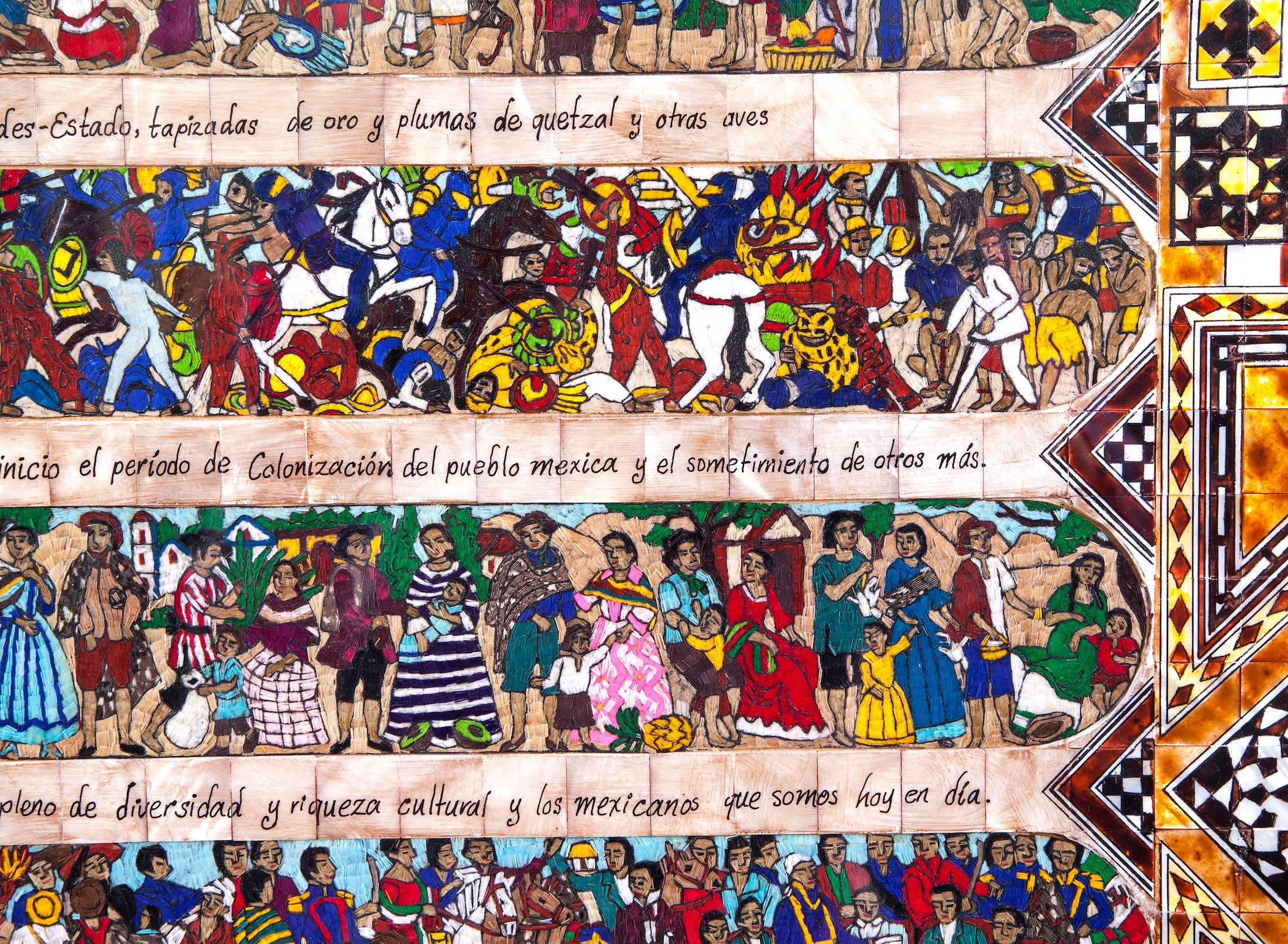 43'' La Historia de Mexico / Mexican Folk Art Featherwork and Inlay Nacre Frame 1