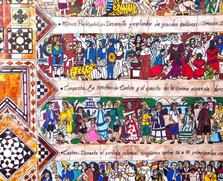 43'' La Historia de Mexico / Mexican Folk Art Featherwork and Inlay Nacre Frame 2