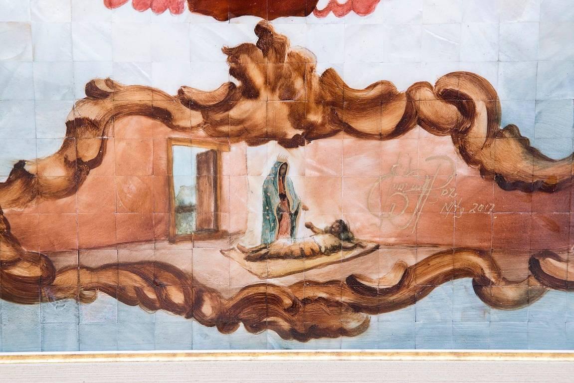 39'' Virgen de Guadalupe Colonial en Concha / Mexican Folk Art Inlay Nacre Frame 3