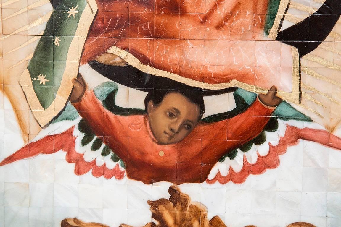 39'' Virgen de Guadalupe Colonial en Concha / Mexican Folk Art Inlay Nacre Frame 4