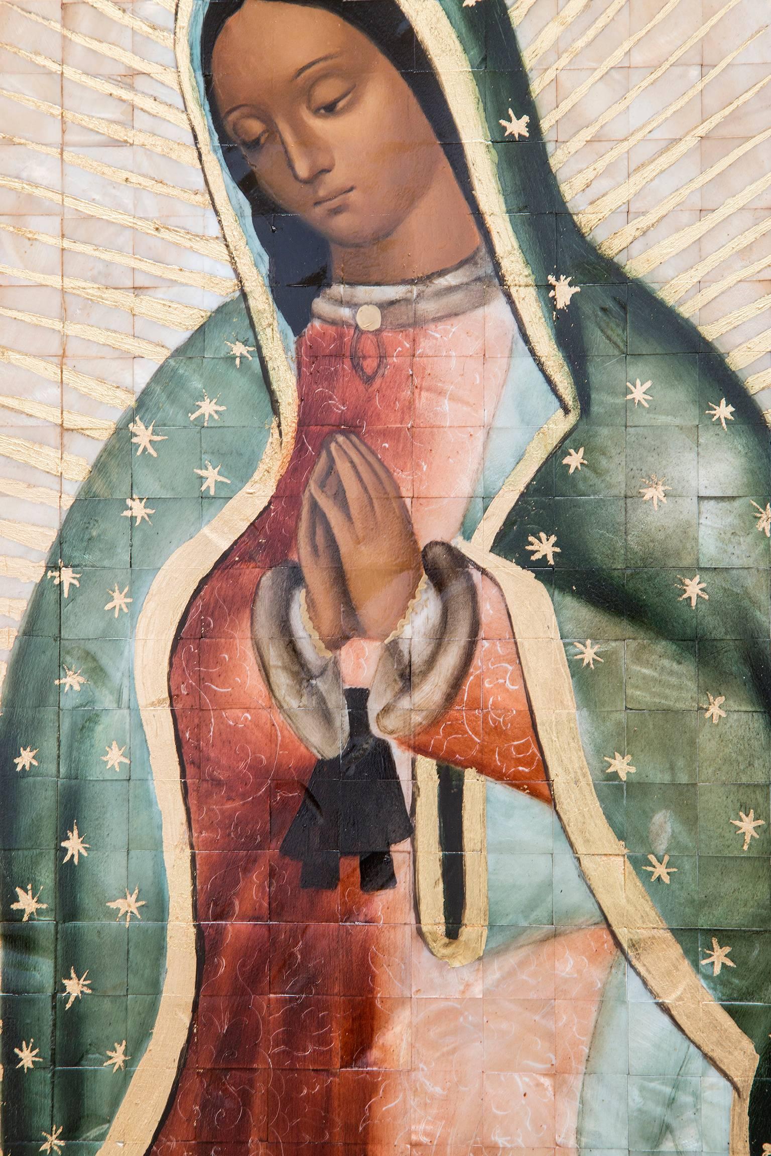 39'' Virgen de Guadalupe Colonial en Concha / Mexican Folk Art Inlay Nacre Frame 5