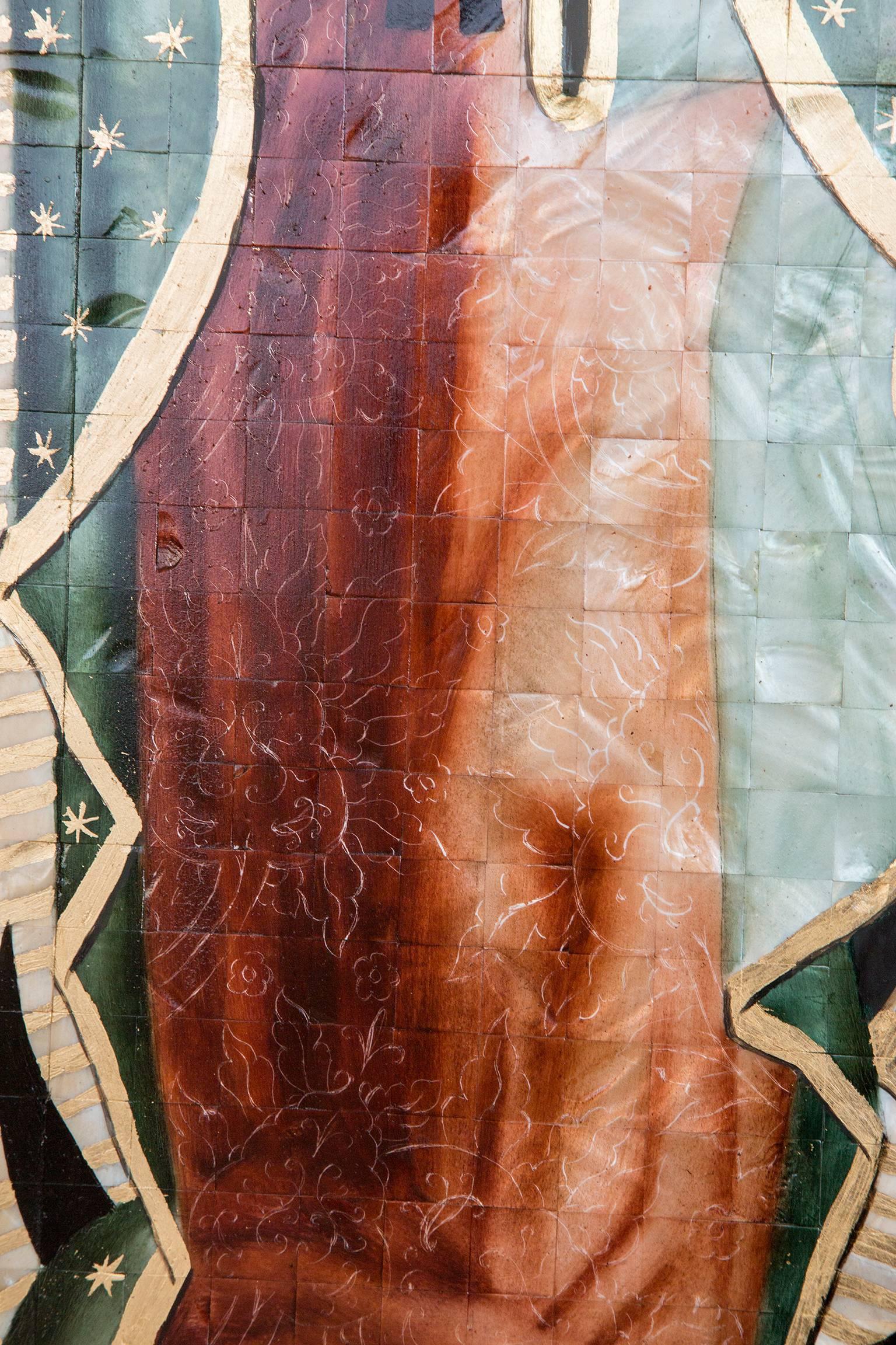 39'' Virgen de Guadalupe Colonial en Concha / Mexican Folk Art Inlay Nacre Frame 6