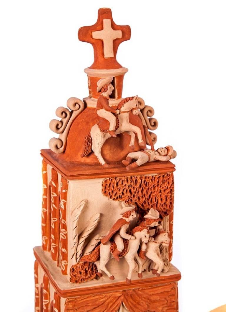 17'' Iglesia Independencia de Mexico / Ceramics Mexican Folk Art Clay - Sculpture by Miguel Vazquez Gutierrez