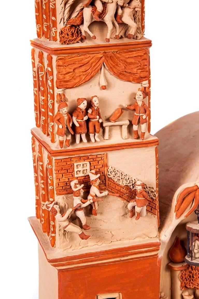 17'' Iglesia Independencia de Mexico / Ceramics Mexican Folk Art Clay - Orange Figurative Sculpture by Miguel Vazquez Gutierrez