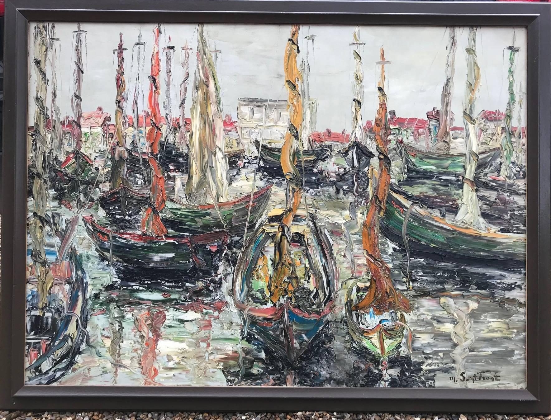 A post expressionist style oil on canvas of the Port of Marseille by the French artist Yves de Saint Front. Born in Paris in 1928, he died in 2011. Studied under the Cubist painter Jean Souverbie at the Ecole Nationale des Arts Superieure from 1949.