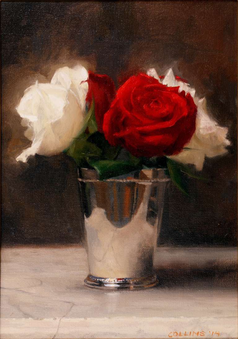 Jacob Collins Still-Life Painting - Red and White Roses in a Silver Cup