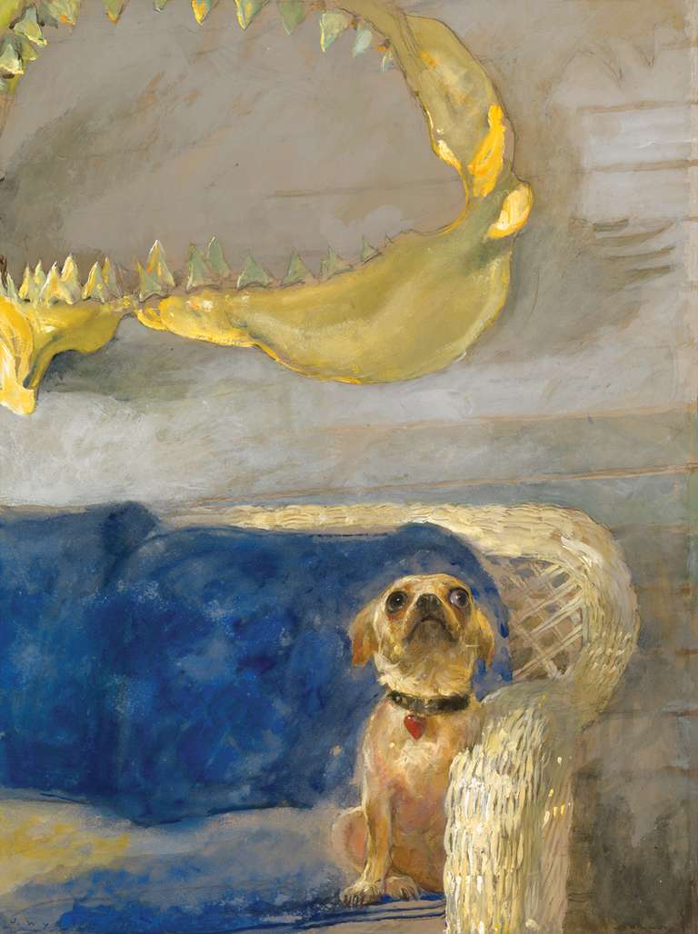 Jamie Wyeth Animal Painting - A Dog and the Great White Shark Jaw