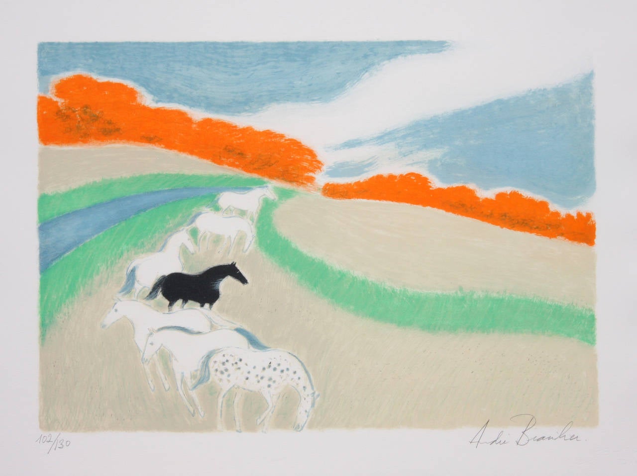 André Brasilier Landscape Print - Horses on the Prairie