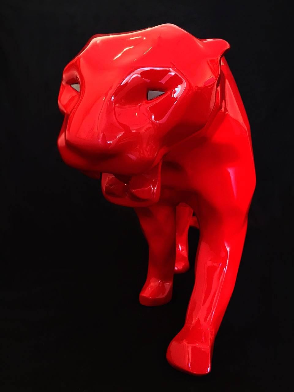 Original Richard Orlinski red panther sculpture made of resin with a white glaze finish. From the limited edition of 8 signed and numbered.