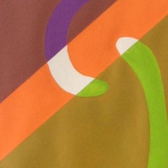 "Mountains And Rivers" swirling shapes in oranges, reds and greens