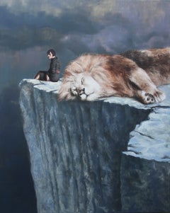 LOYALTY (Surrealist Oil Painting on Canvas, monochrome, blue grey, lion, animal)