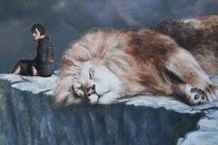 LOYALTY (Surrealist Oil Painting on Canvas, monochrome, blue grey, lion, animal)