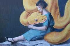 MIND-BLOWING (Surrealist Oil Painting on Canvas, yellow python, woman, animal)
