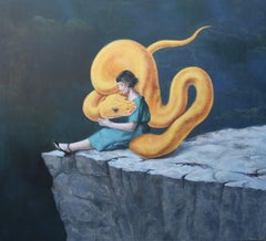 INCREDIBILE (Dipinto surrealista a olio su tela, pitone giallo, donna, animale)