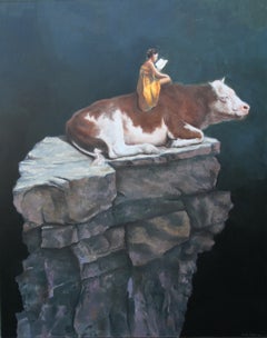 ATOP (Dipinto surrealista a olio su tela, donna dorata che legge, animale da fattoria, mucca)