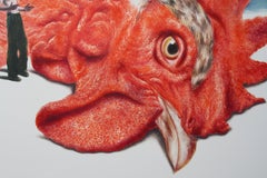 ATOP (Dipinto surrealista a olio su tela, donna dorata che legge, animale da fattoria, mucca)