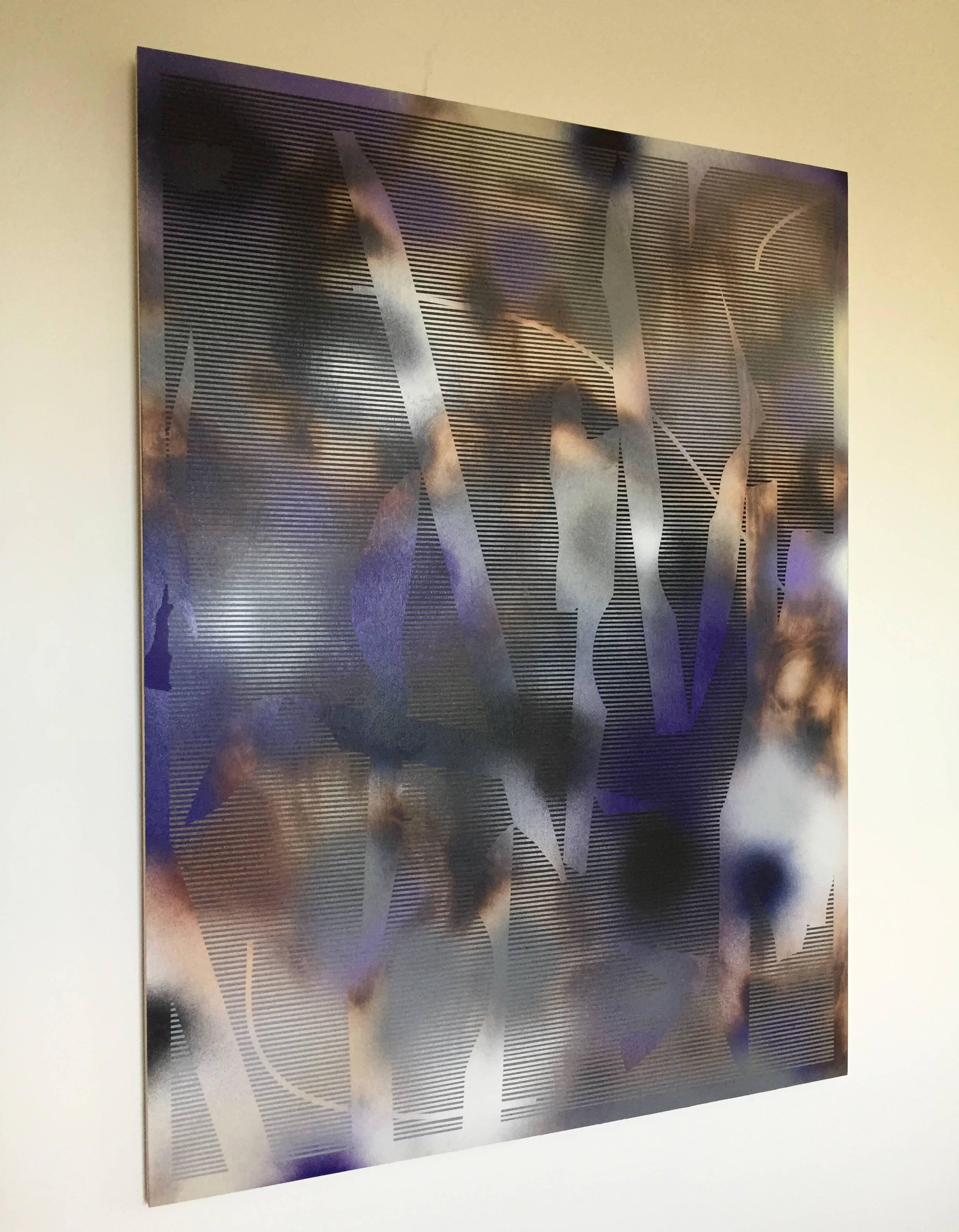 in City and in Forest 30 (grid painting abstract wood contemporary purple violet - Painting by Melisa Taylor Metzger