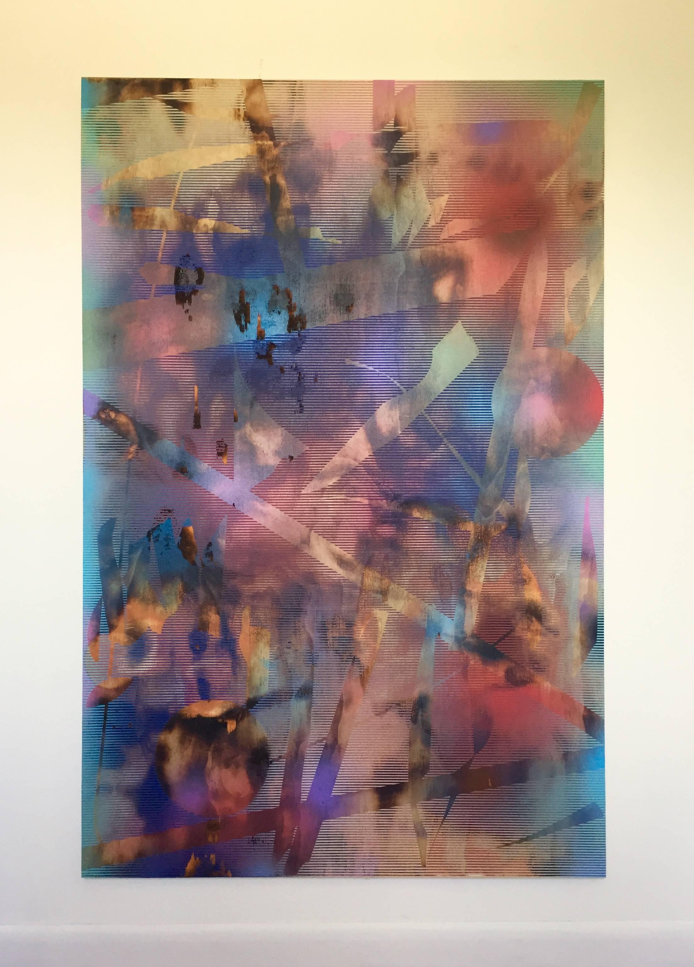 Turbulence 22 (grid painting abstraktes Holz zeitgenössisches farbenfrohes, lebendiges, großes  (Abstrakter Expressionismus), Mixed Media Art, von Melisa Taylor Metzger