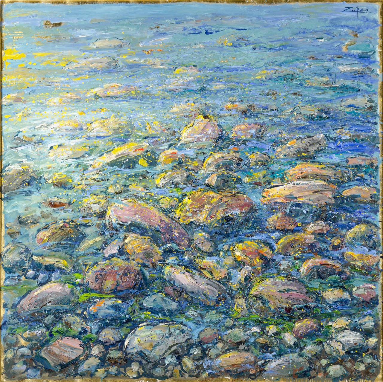 Bruno Zupan Landscape Painting - Rocks and Sea, Morning Light
