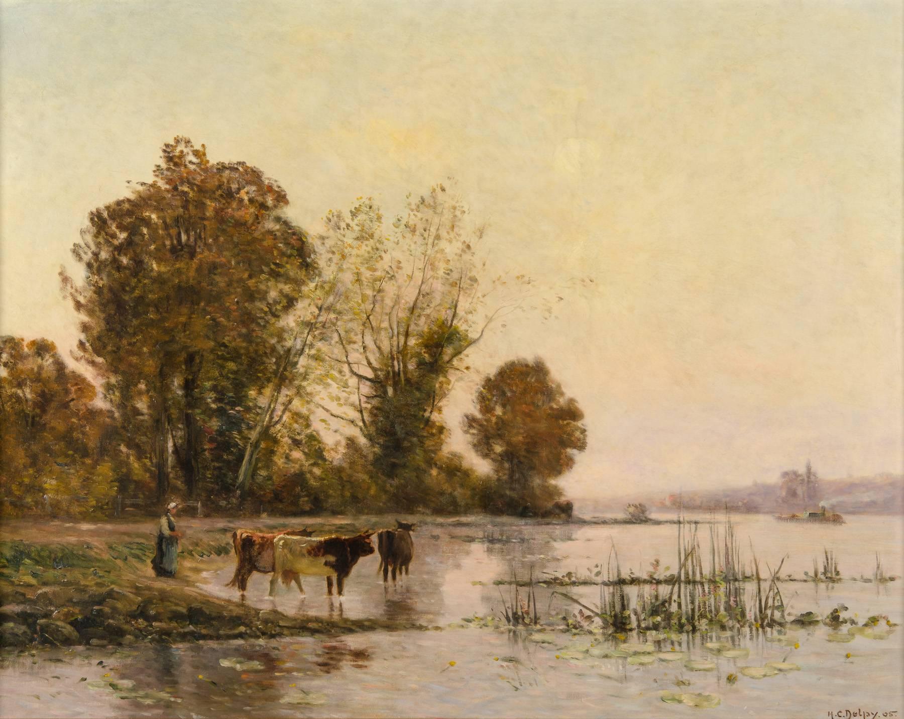 Hippolyte Camille Delpy Landscape Painting - Peasant with her Cows at the River