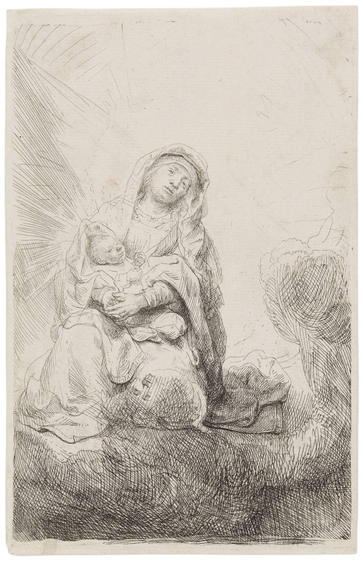 Rembrandt van Rijn Figurative Print - The Virgin and Child in the Clouds
