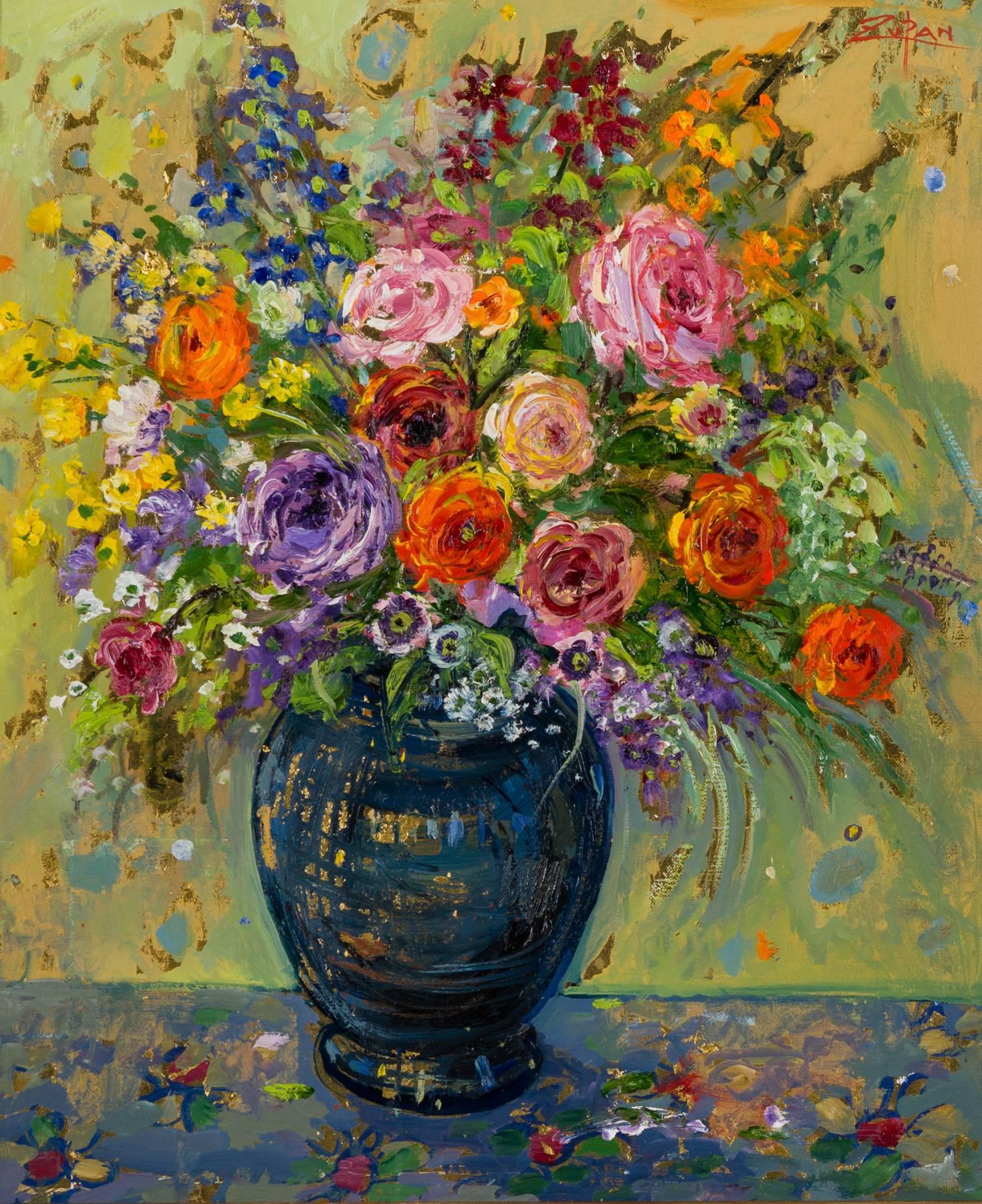 Bruno Zupan Still-Life Painting - Roses in a Dark Vase
