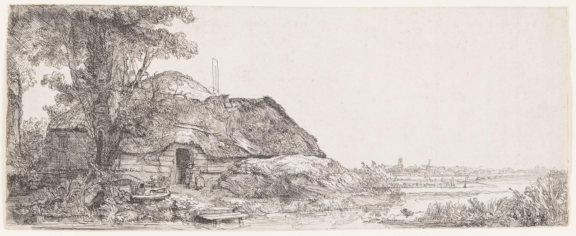 Rembrandt van Rijn Landscape Print - Landscape with a Cottage and a Large Tree