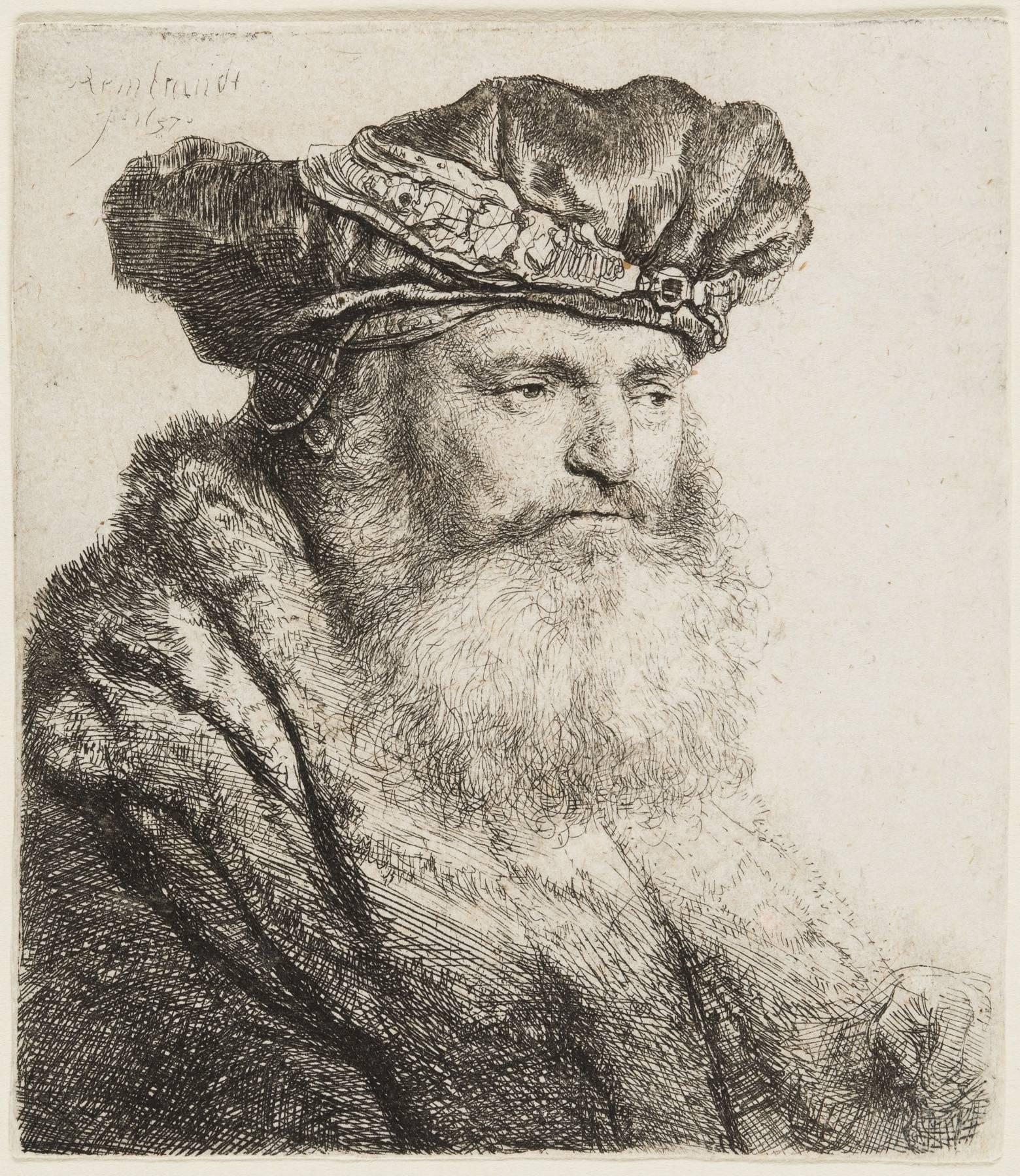 Rembrandt van Rijn Figurative Print - Bearded Man, Wearing a Velvet Cap, with a Jewel Clasp