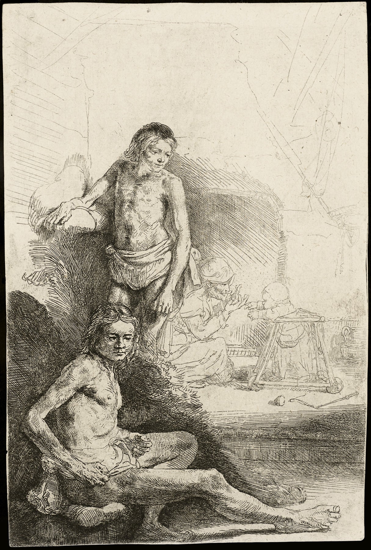 Rembrandt van Rijn Figurative Print - NUDE MAN SEATED AND ANOTHER STANDING, ....