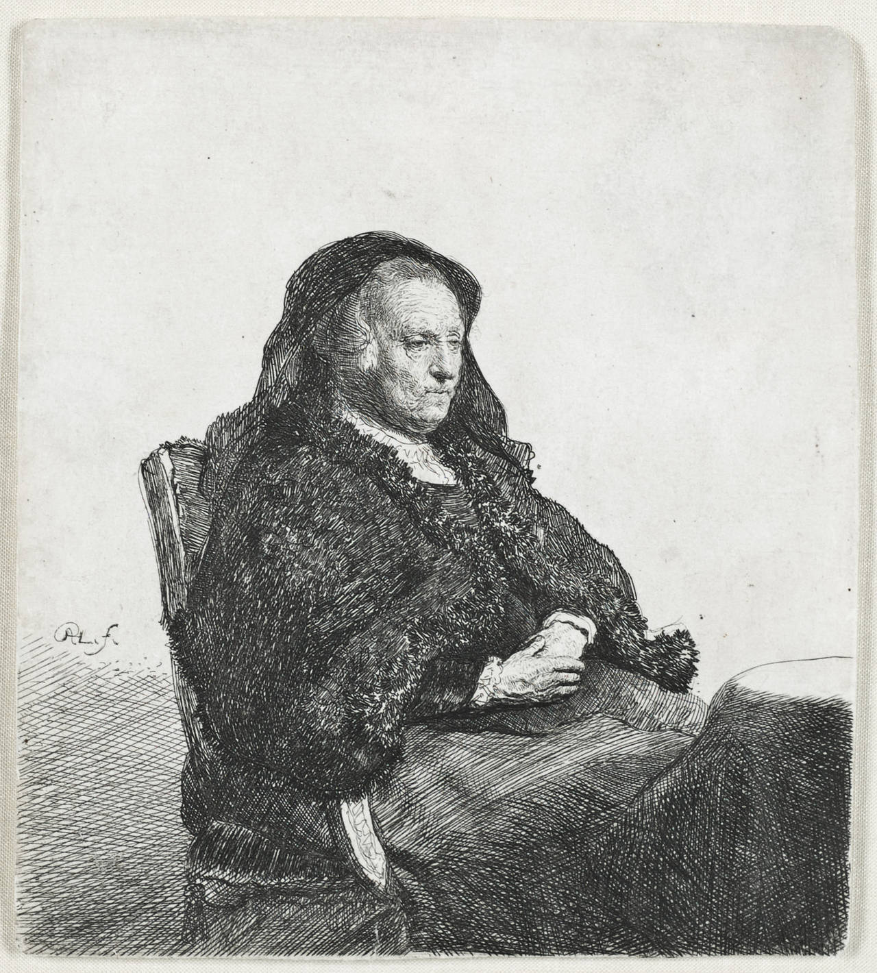 The Artist’s Mother seated at a table, looking right: Three quarter length