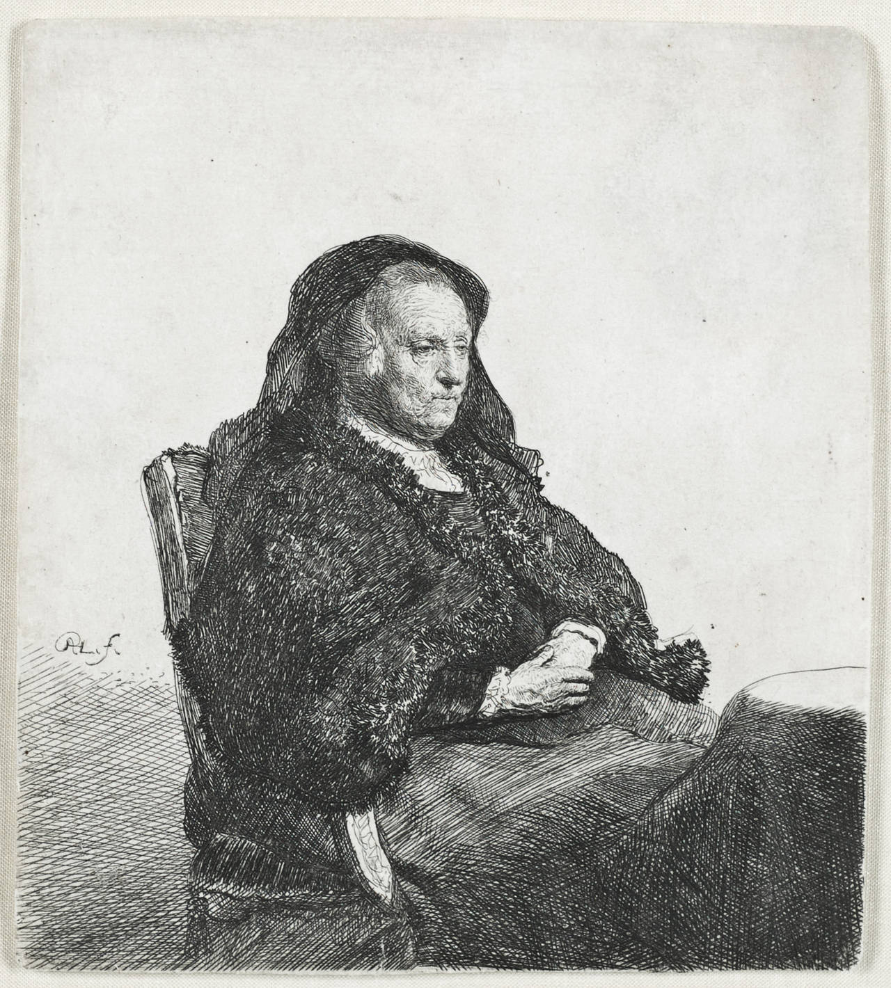 Portrait Print Rembrandt van Rijn - La mère de l'Artistics assise à une table, regardant à droite : Trois quarts de longueur