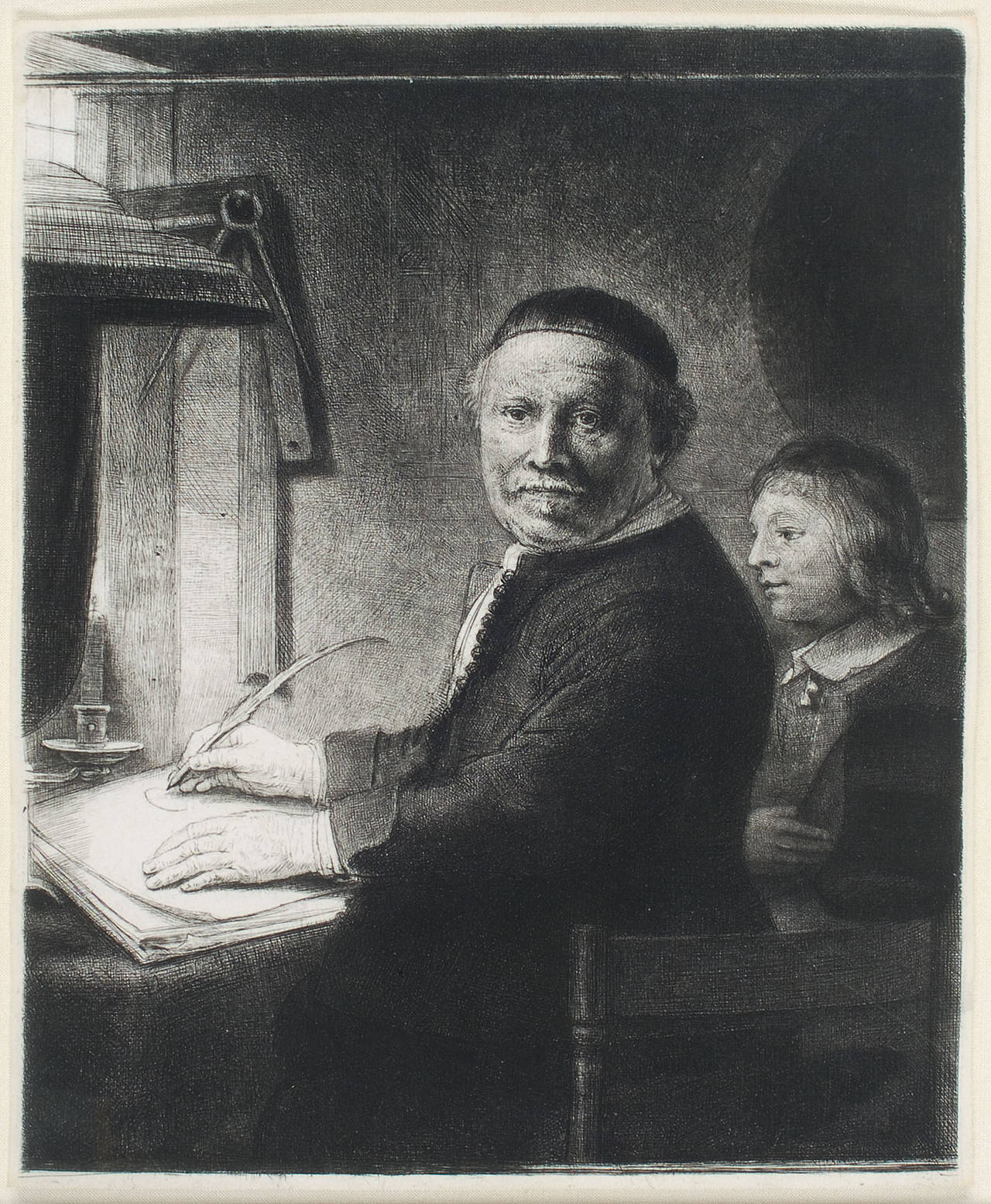 Rembrandt van Rijn Portrait Print - LIEVEN WILLEMSZ VAN COPPENOL, WRITING-MASTER: THE SMALLER PLATE