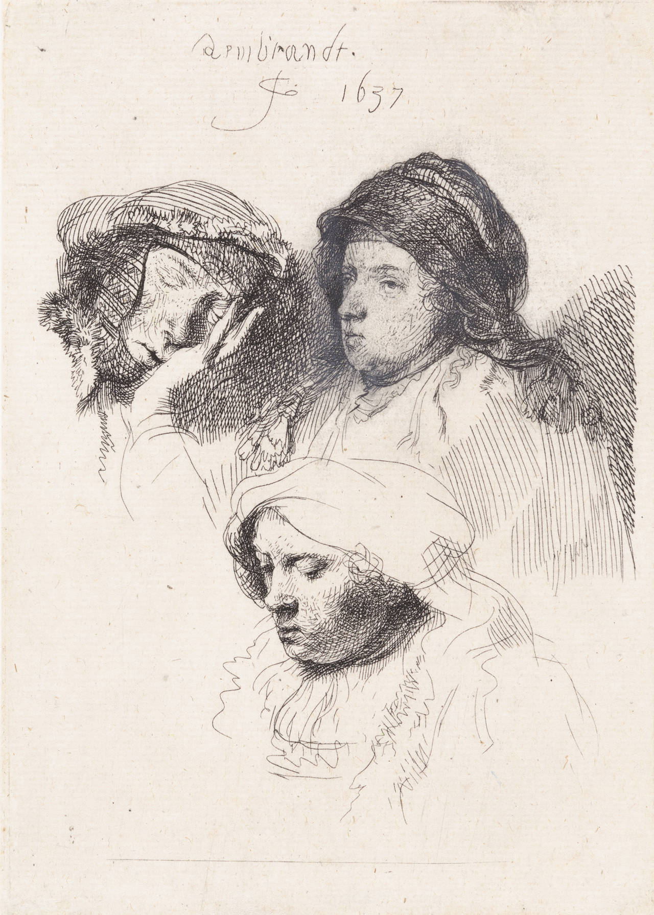Rembrandt van Rijn Figurative Print - Three Heads of Women, One Asleep