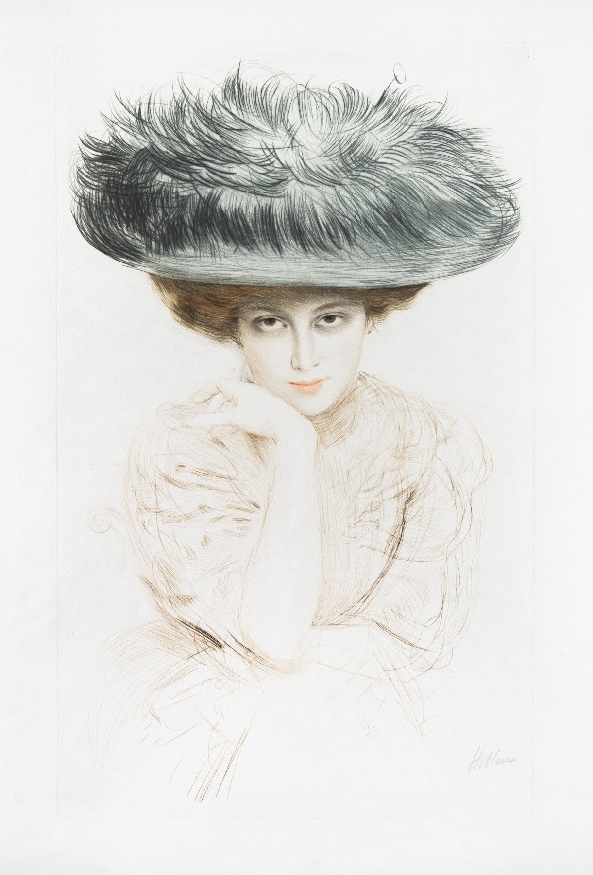 Paul César Helleu Portrait Print - FEMME AU GRAND CHAPEAU BLEU