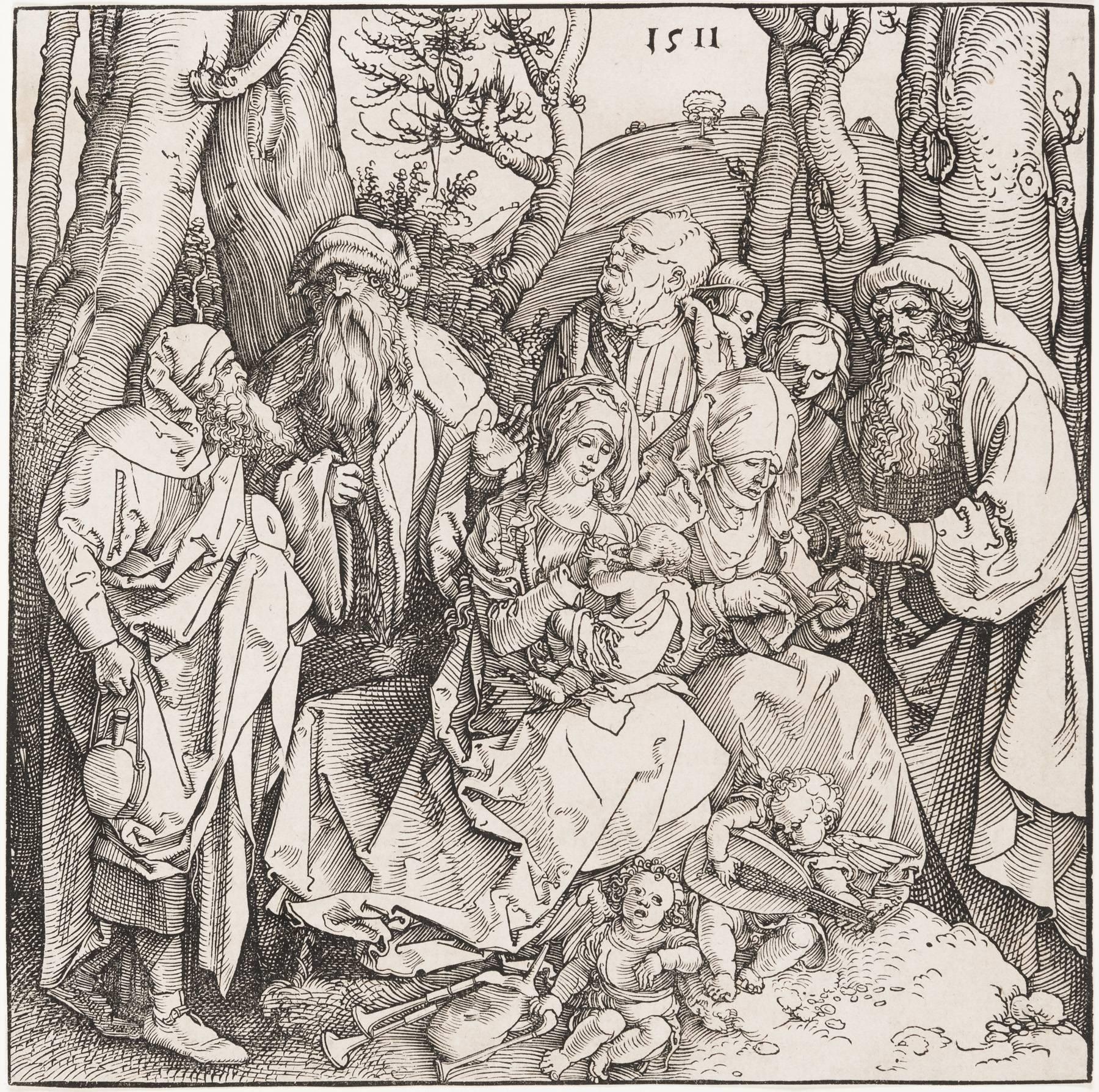 Figurative Print Albrecht Dürer - La Sainte Famille et deux anges musiciens