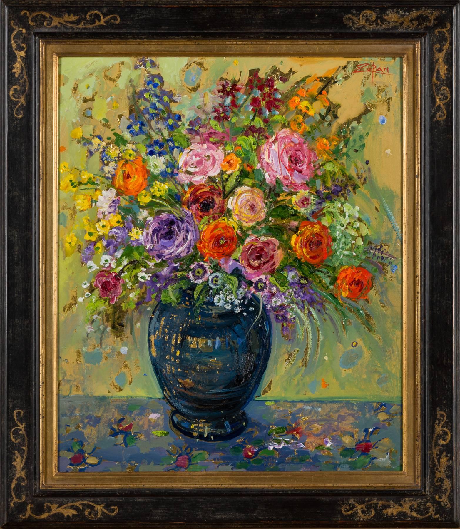 Roses in a Dark Vase - Painting by Bruno Zupan