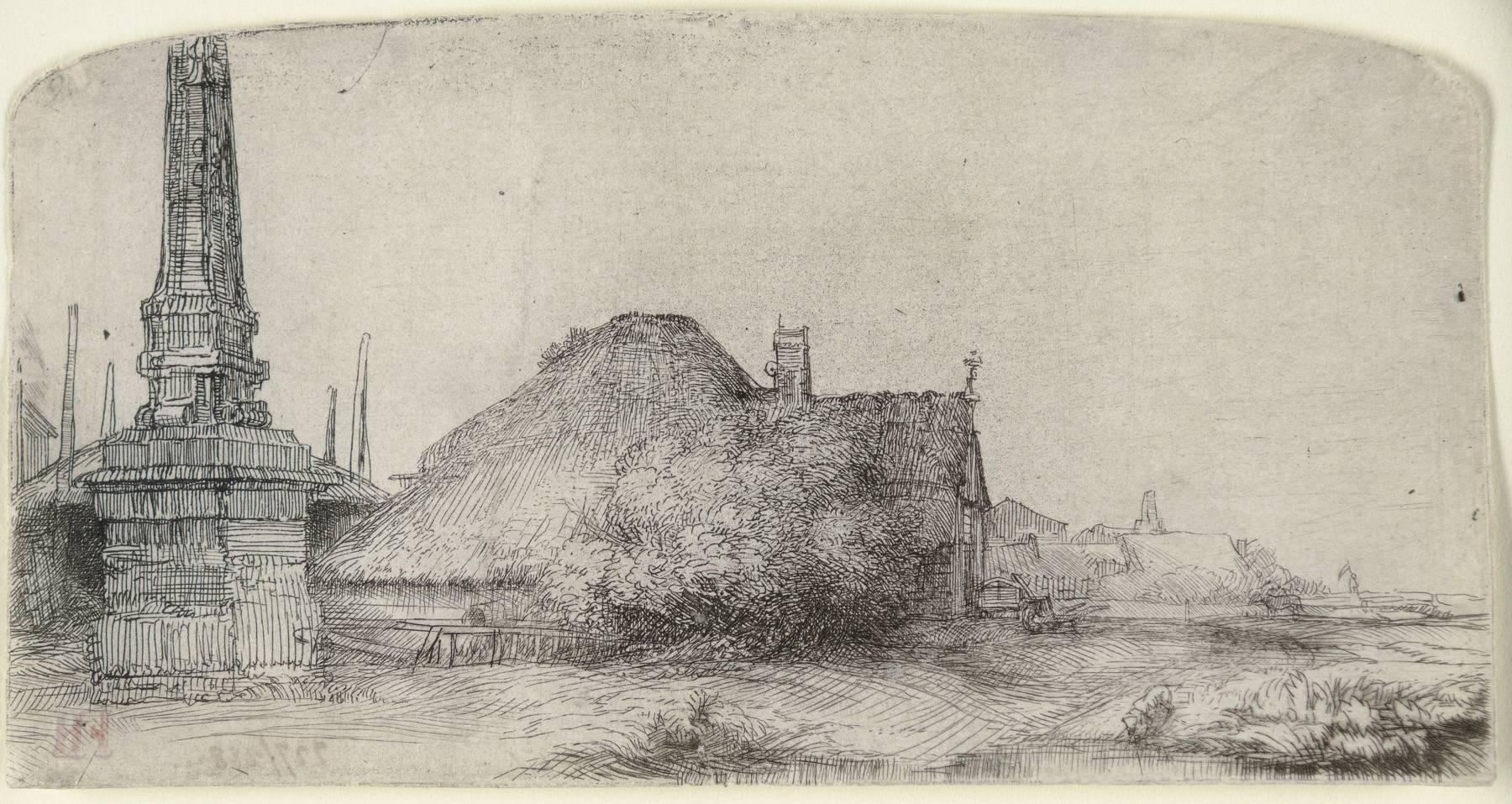 Rembrandt van Rijn Landscape Print – COTTAGE UND OBELISK ON THE SPAARNDAMMERDIJK