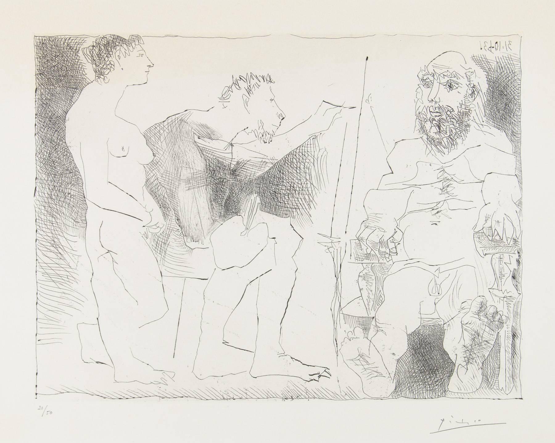 Pablo Picasso Figurative Print -  PEINTRE AU TRAVAIL (Peintre avec un modèle barbu et une spectatrice)