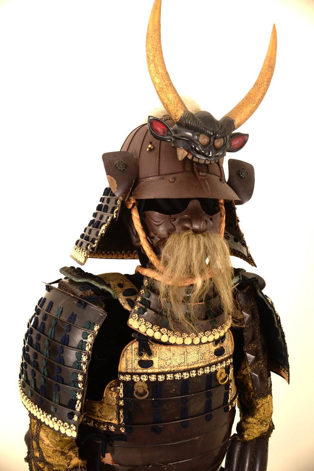 A completely matching and en-suite armor belonging to a samurai of the Hosokawa clan.  Armors from the Hosokawa lineage were featured at the San Francisco Asian Art Museum exhibit Lords of the Samurai in 2009.

The helmet bowl and face mask are