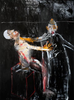 Michael Hafftka, An Arm's Length Transaction, oil painting of two men struggling