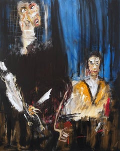 Big Brother, contemporary figurative oil painting of two men on black background