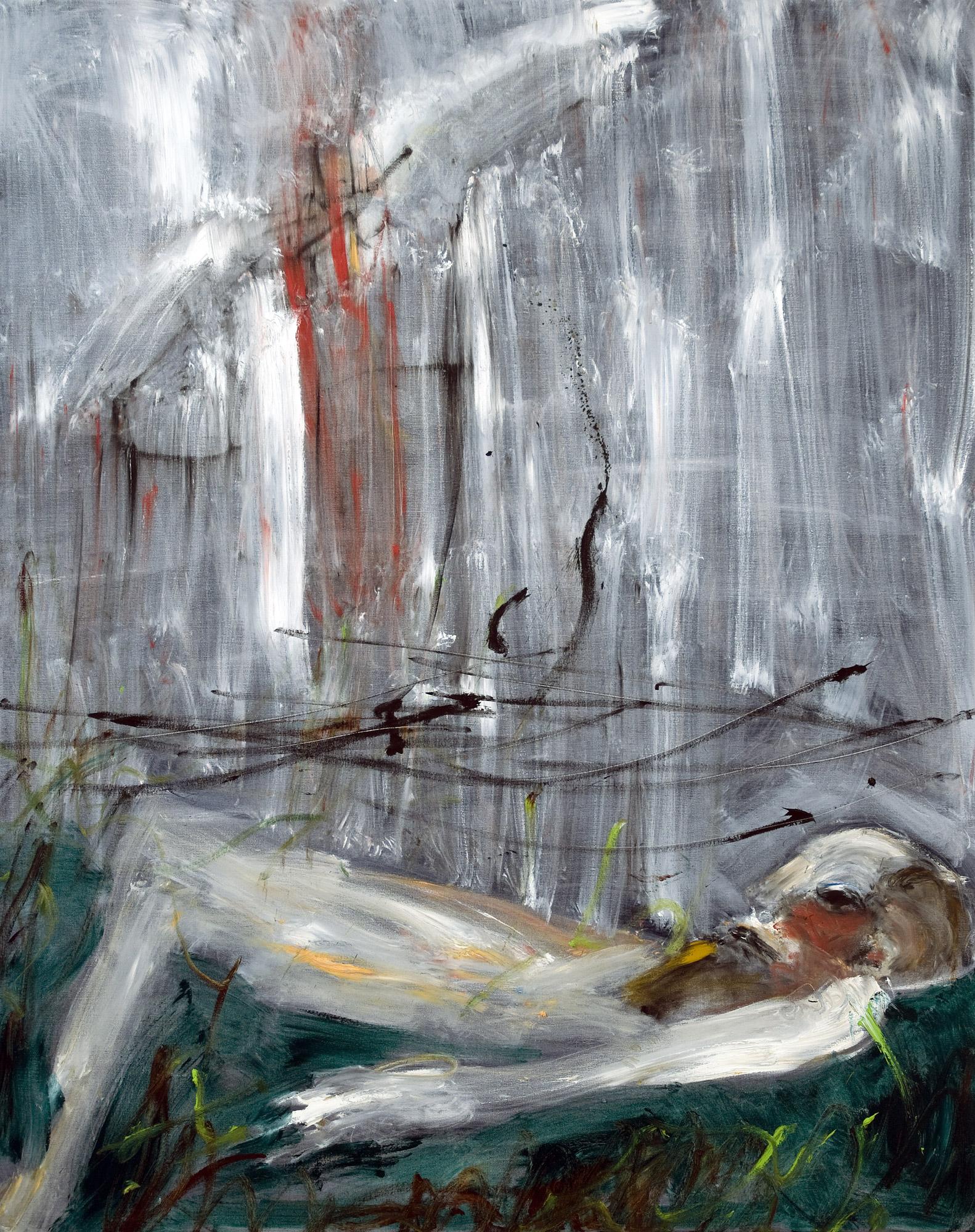 Michael Hafftka Figurative Painting - Crushed. Expressionist Holocaust related painting white lying in a green field