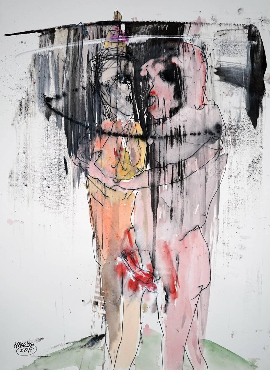 Michael Hafftka Nude - Sharing. Contemporary erotic watercolor painting, couple embracing.