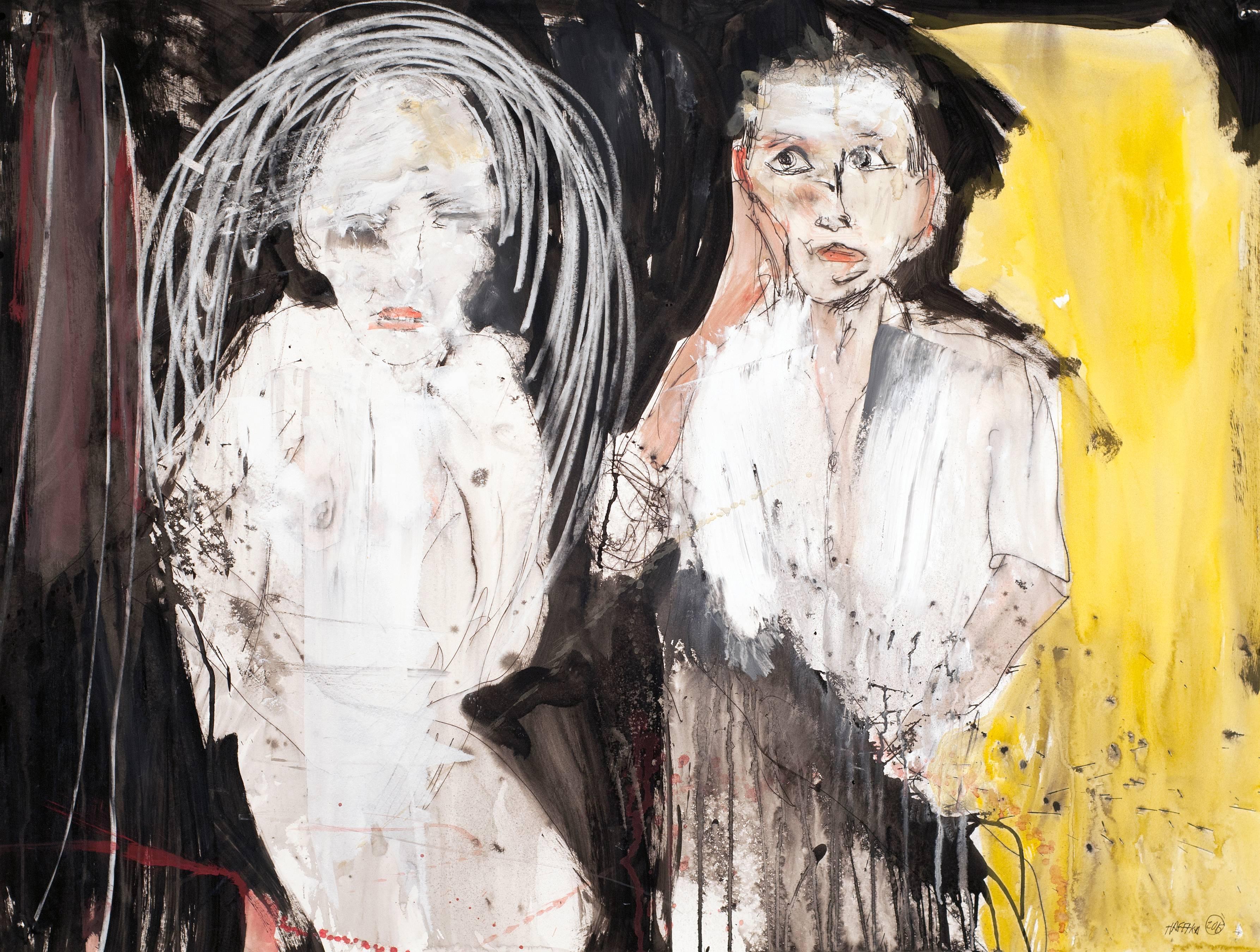 Michael Hafftka Figurative Painting - Disengagement. Watercolor painting of a bride and groom, wedding on black ground