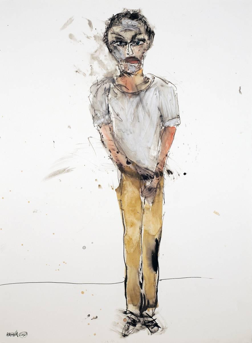 Michael Hafftka Figurative Art - Self Portrait of the artist, standing man, watercolor painting on white paper.