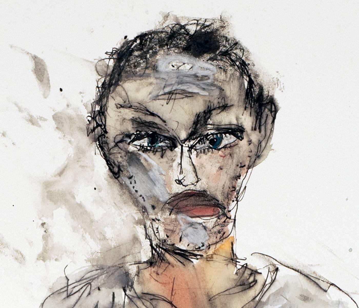 Self Portrait of the artist, standing man, watercolor painting on white paper. - Art by Michael Hafftka
