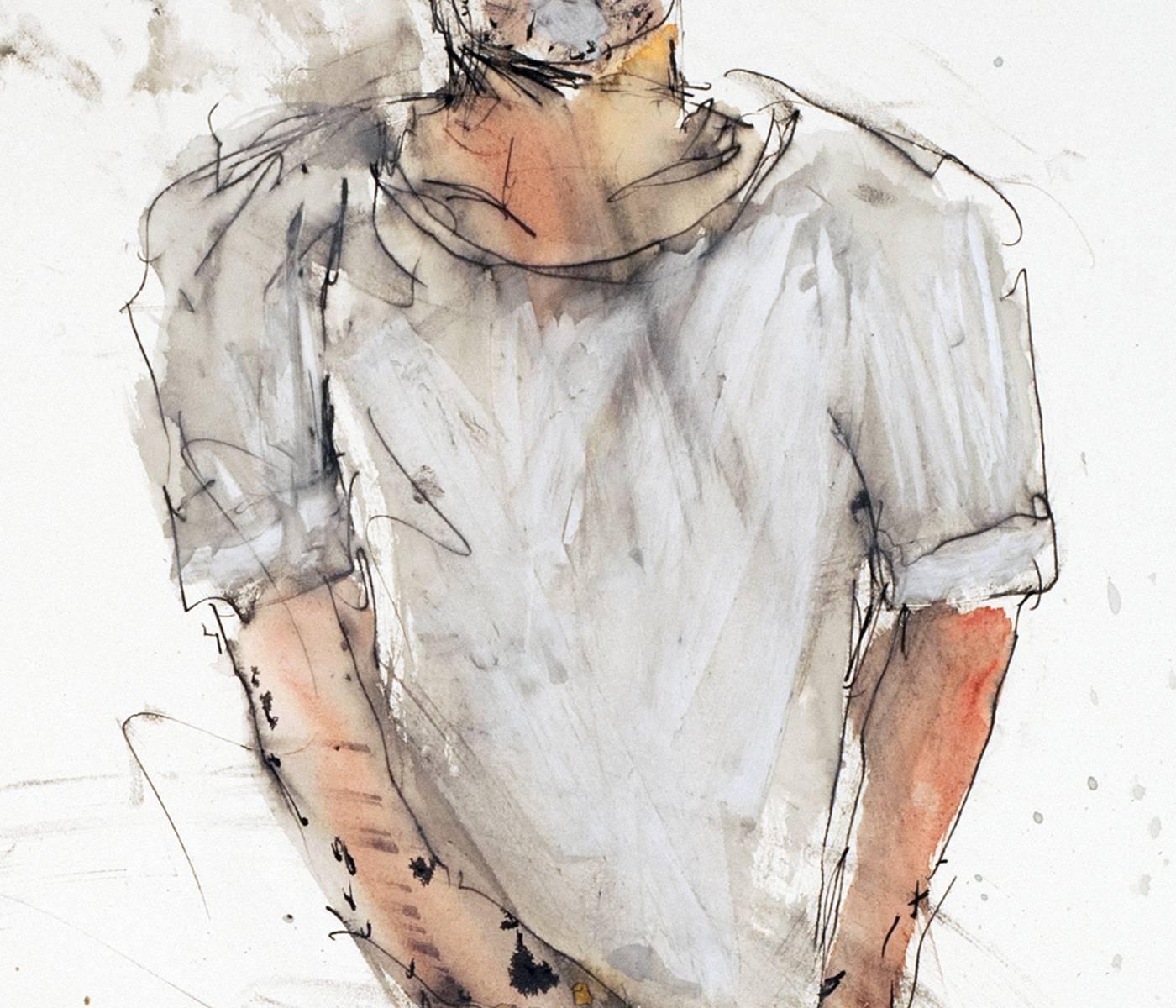 Self Portrait of the artist, standing man, watercolor painting on white paper. - Contemporary Art by Michael Hafftka