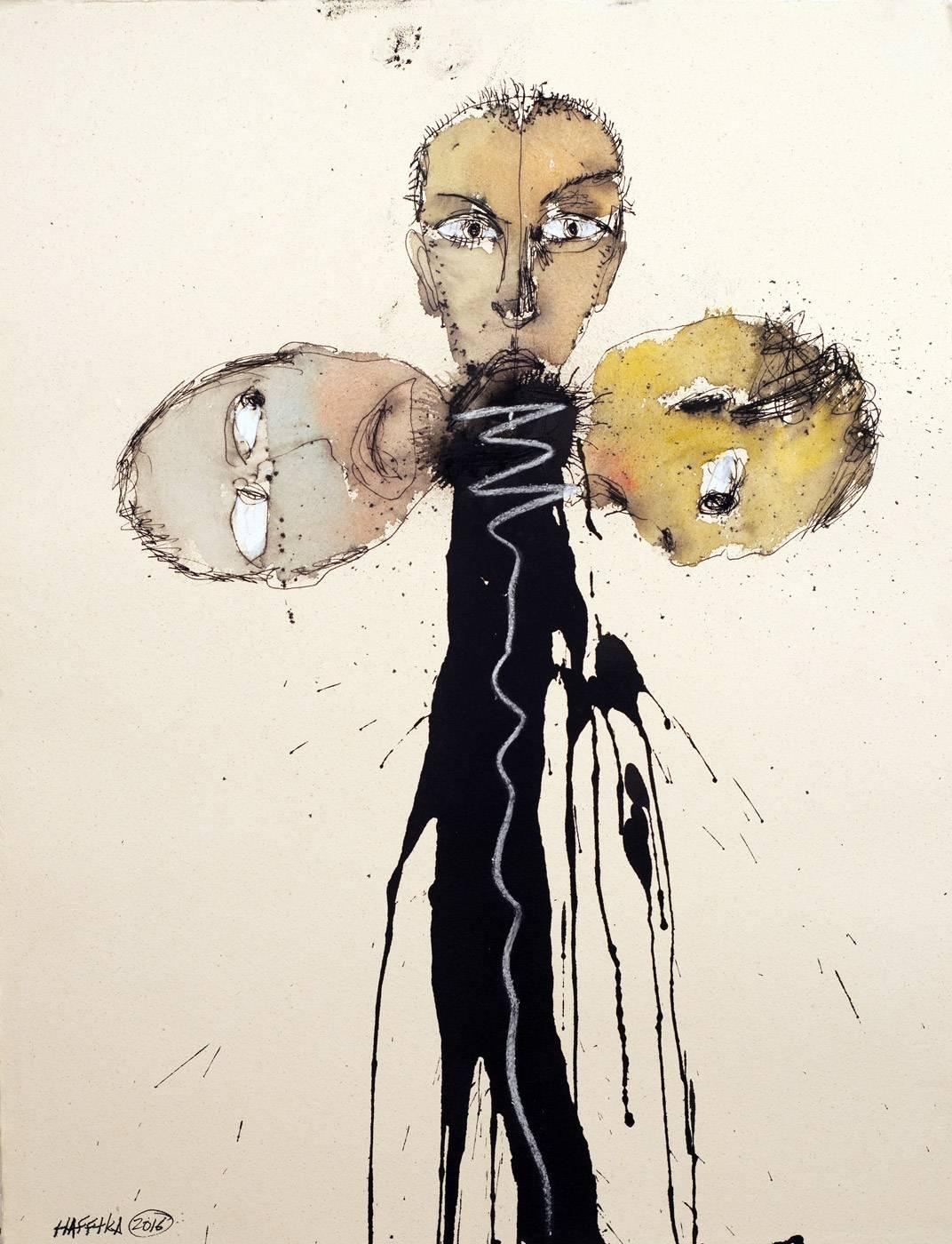 Michael Hafftka Figurative Painting – Three. Surrealist figurative watercolor of three male heads on white ground